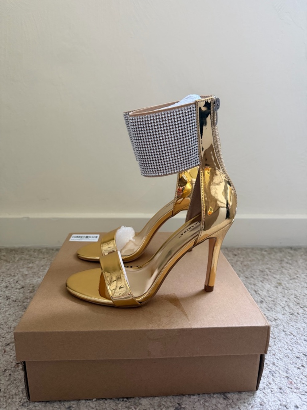 CARL KARLIDA Gold Rhinestone Ankle Strap Heels Size 7 | Metallic Stiletto